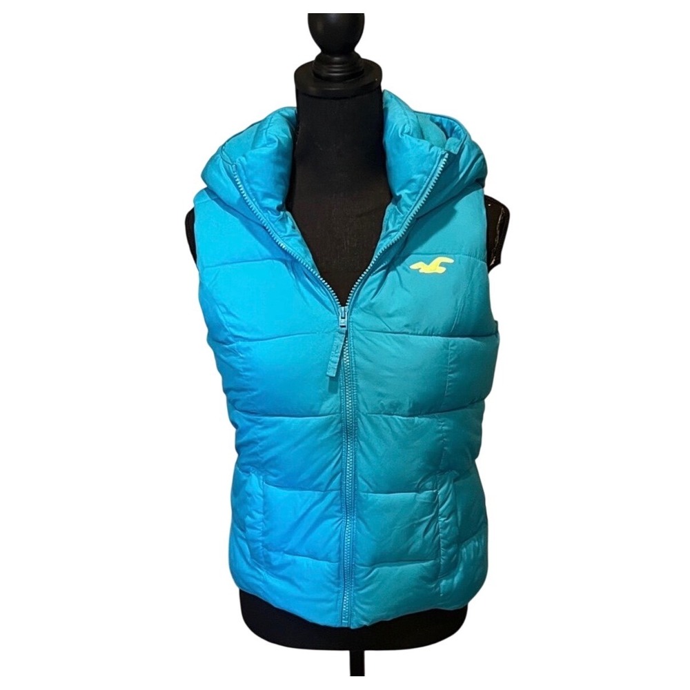 Hollister Puffer Vest Teal Blue Hooded Sleeveless Zip Up Women's‎ Size Medium